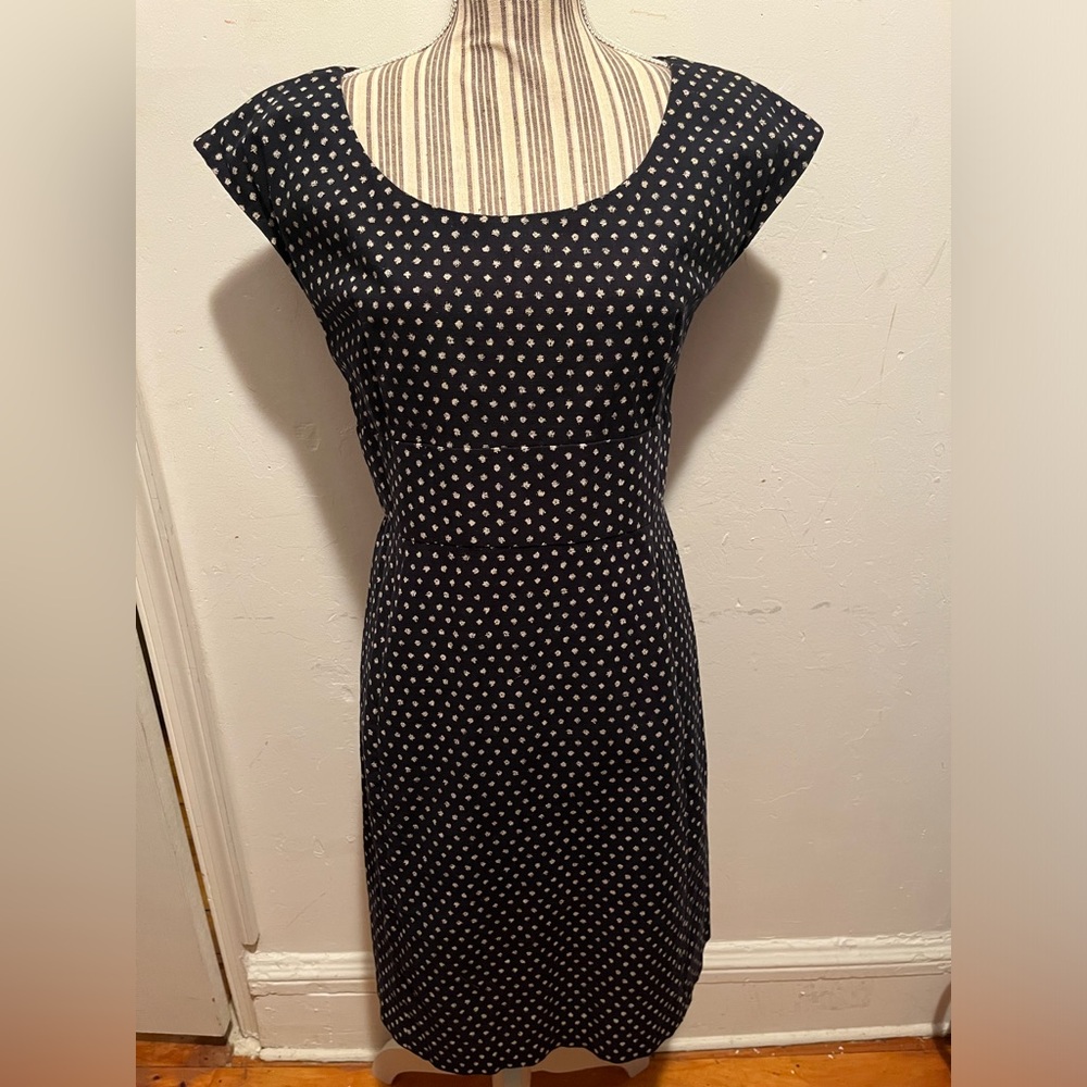 Charles Nolan Classic Sheath Dress Size 8 Navy Tan Back Zipper 100% Cotton EUC